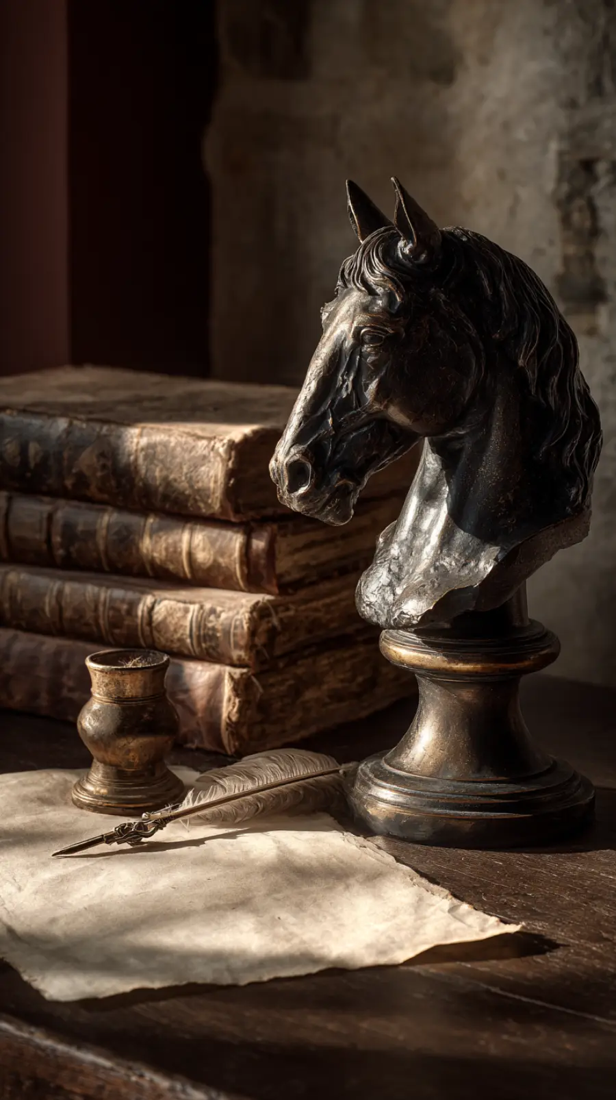 Bronze knight on a desk of ledgers